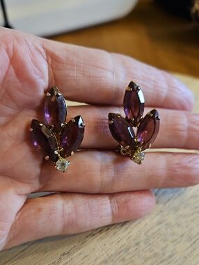 Vintage Purple and Clear Rhinestone Marquise Cluster Clip On Earrings